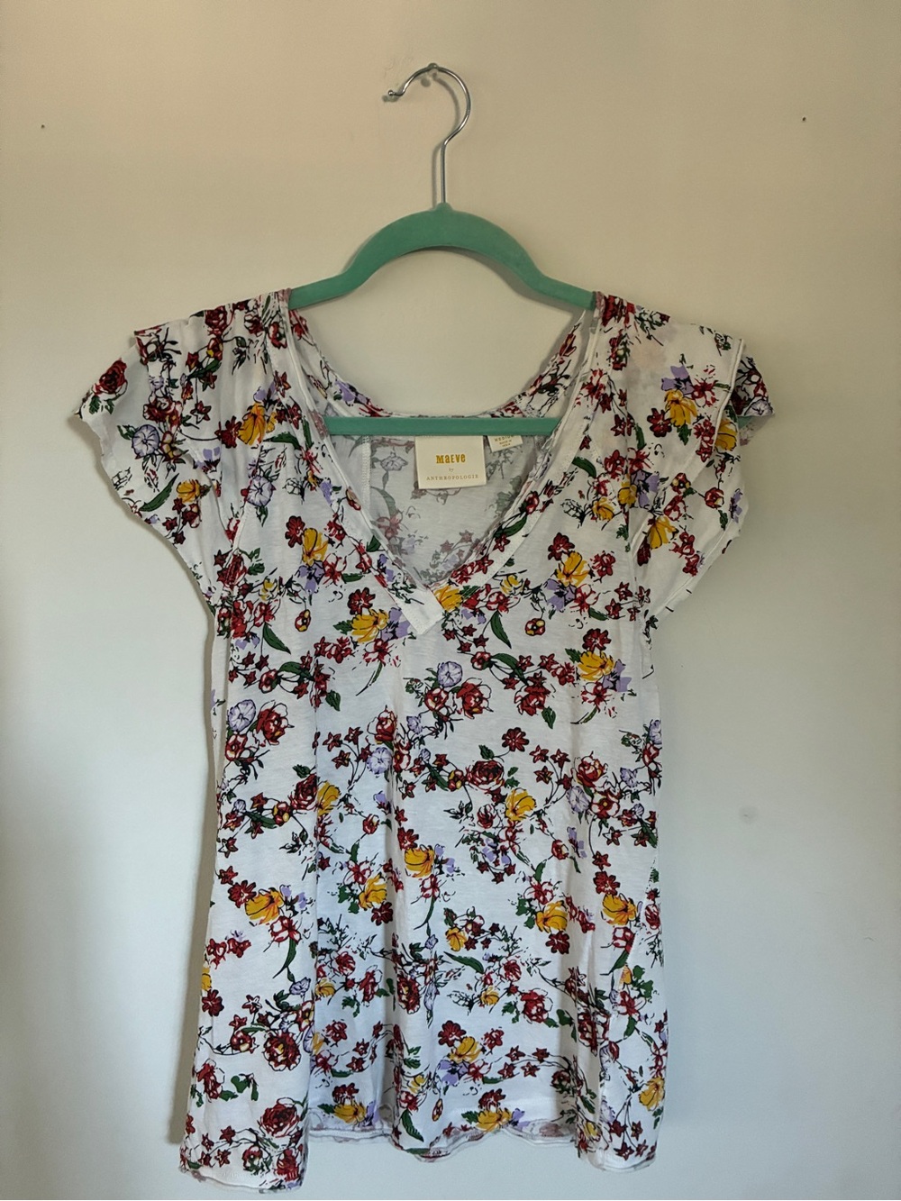 Maeve White Floral V-Neck Blouse with Yellow & Red Blooms